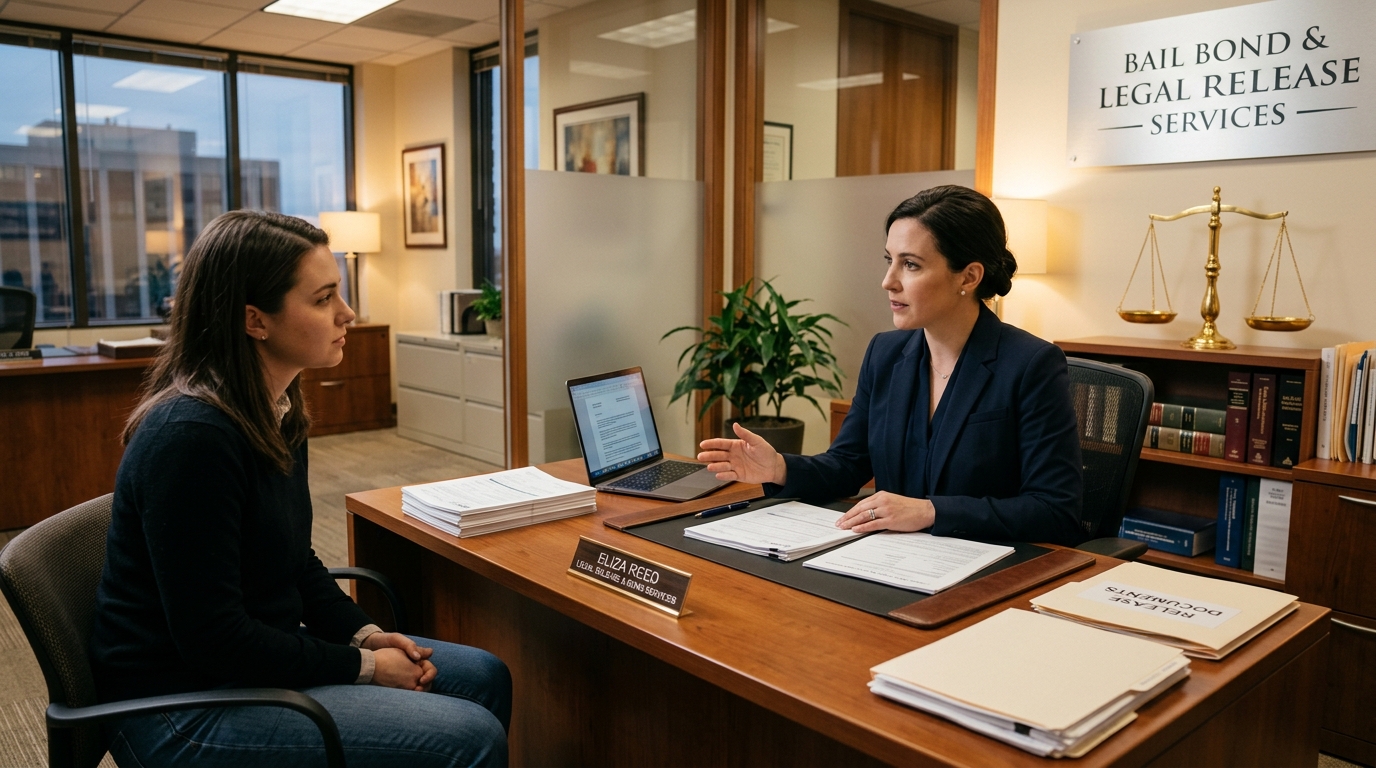 Professional bail bond agent providing confidential legal paperwork and consultation